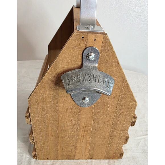 Wooden Bottle Tote w/Metal Handle & Bottle Opener "6 pack" 8.5"x8.5"x 6 - Picture 2 of 4